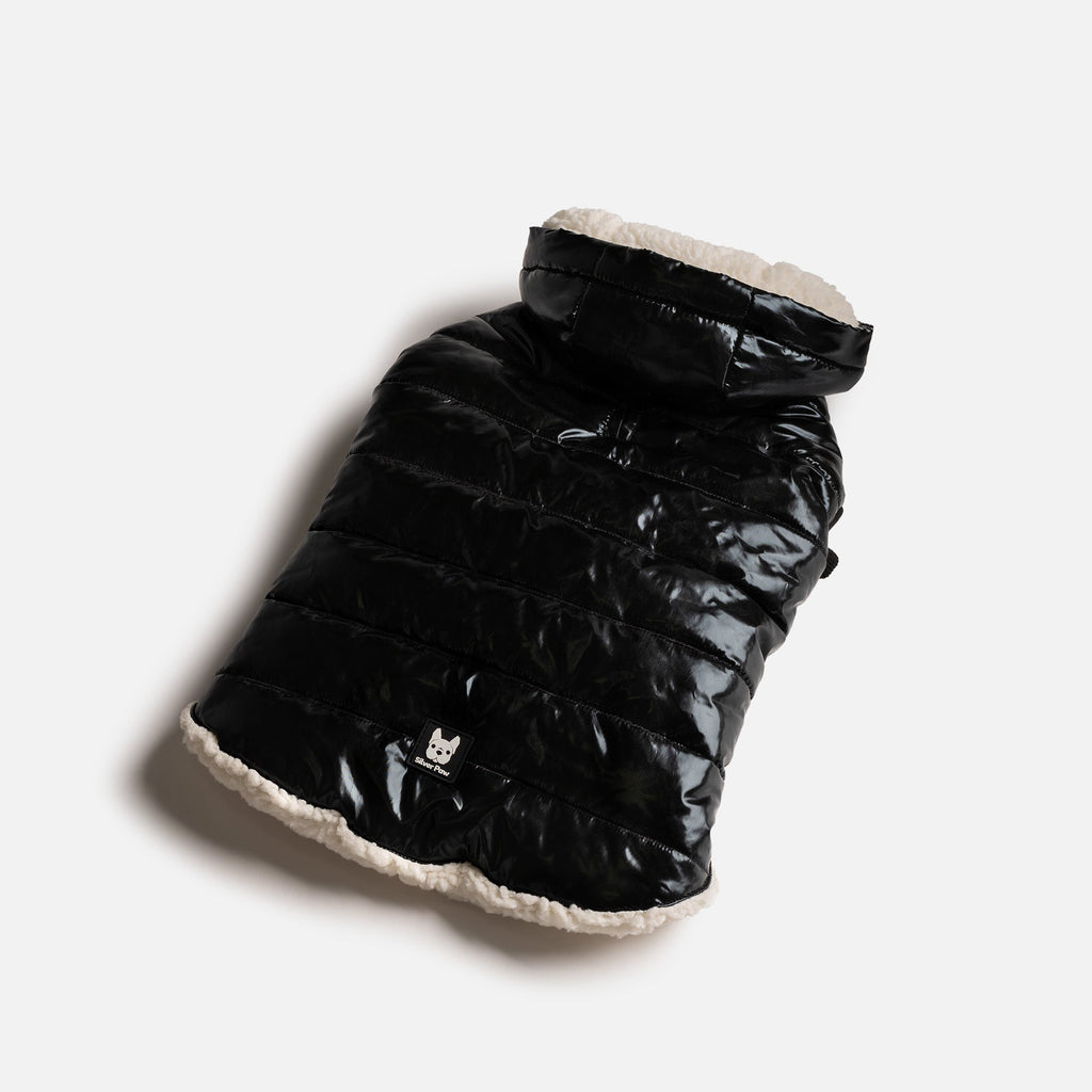 Emma Dog Jacket  Shiny Black Water-Resistant Winter Coat with Sherpa