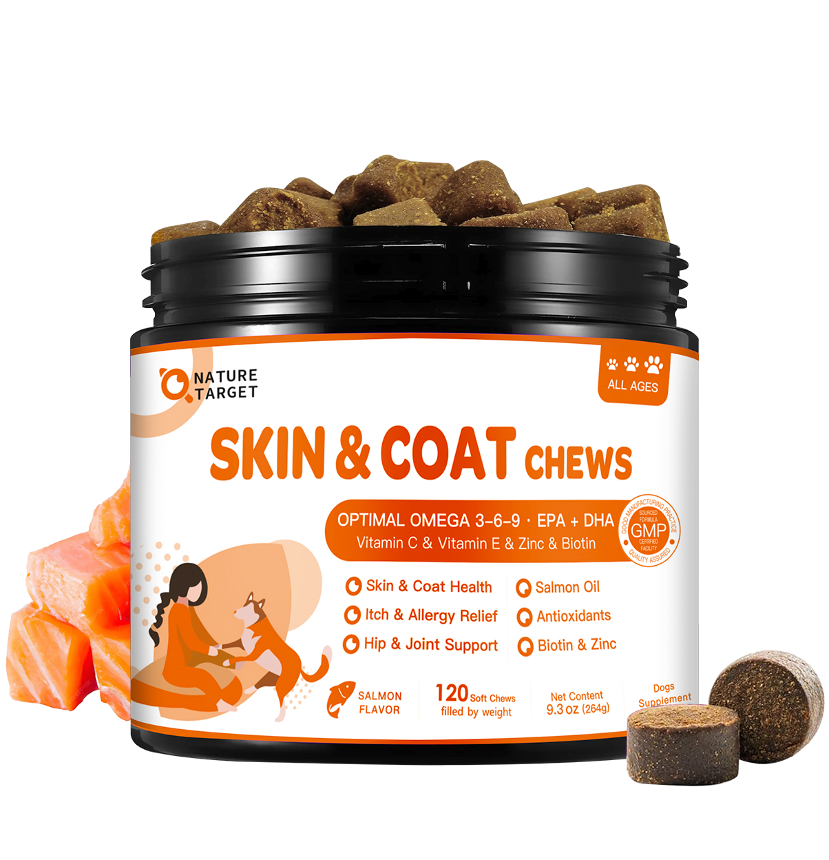 Dog Omega-3 Fish Oil Chews 320mg, EPA 63mg & DHA 84mg, Salmon Flavor, 120 Soft Chews