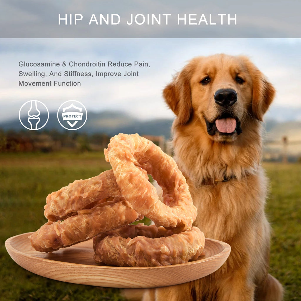Beef Tendons for Adult Dogs, Chicken Wrapped Tendons Dog Chews Long Lasting Hip and Joint Supplement for Dogs with Glucosamine (Ring)