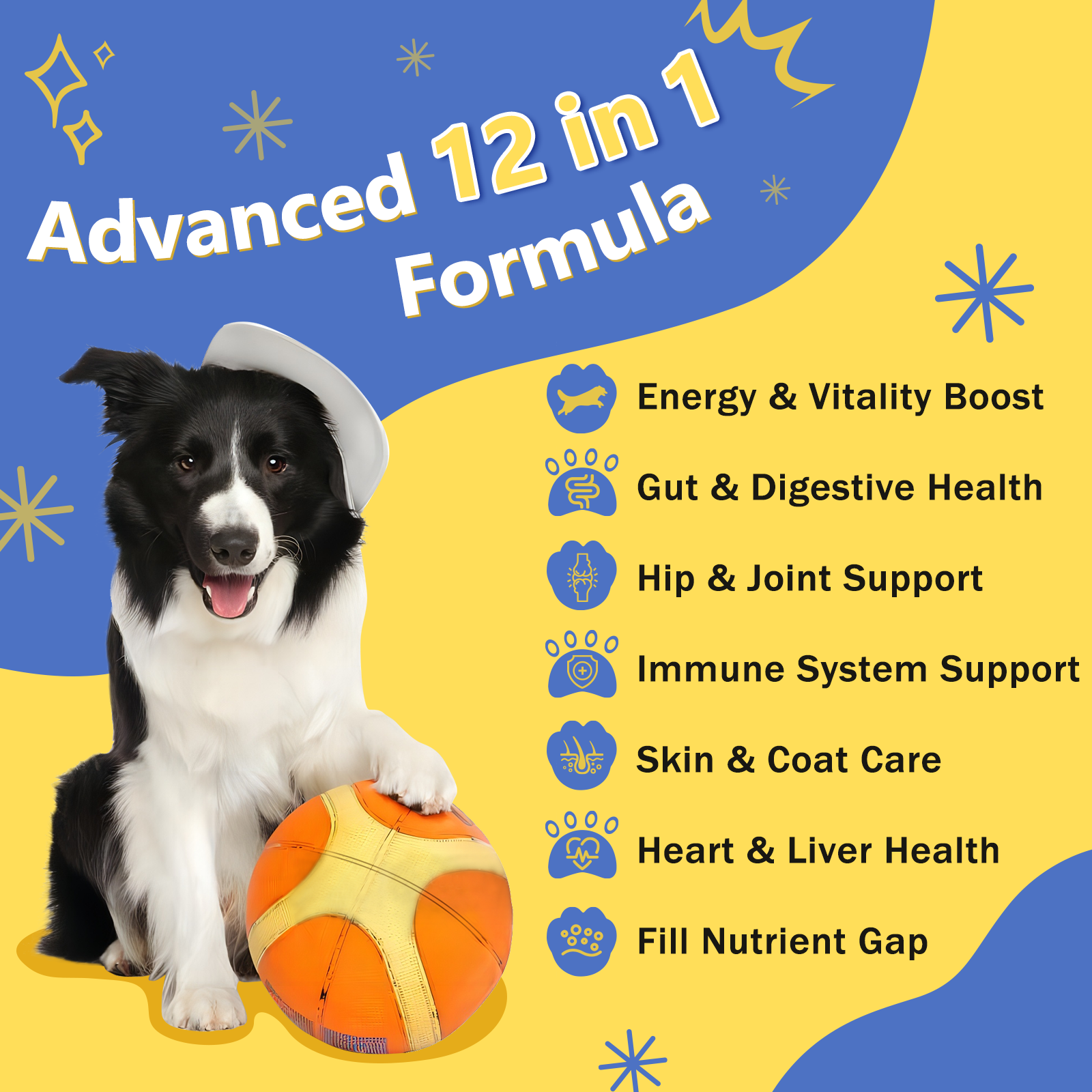 Dog 12-in-1 Multivitamin with Glucosamine 220mg, Probiotics 5B CFUs & Digestive Enzymes, 120 Freeze-Dried Chews