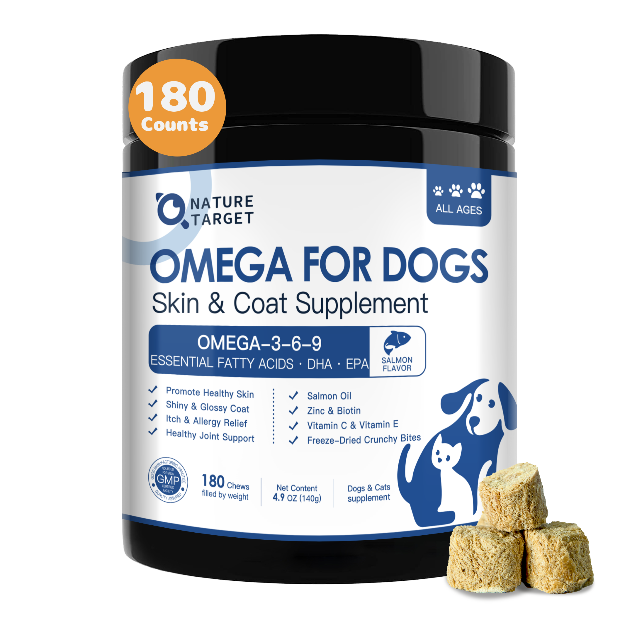 Dog & Cat Omega-3-6-9 565mg with EPA 160mg, DHA 100mg, Zinc, Biotin & Vitamin C+E, Salmon Flavor, 180 Chews