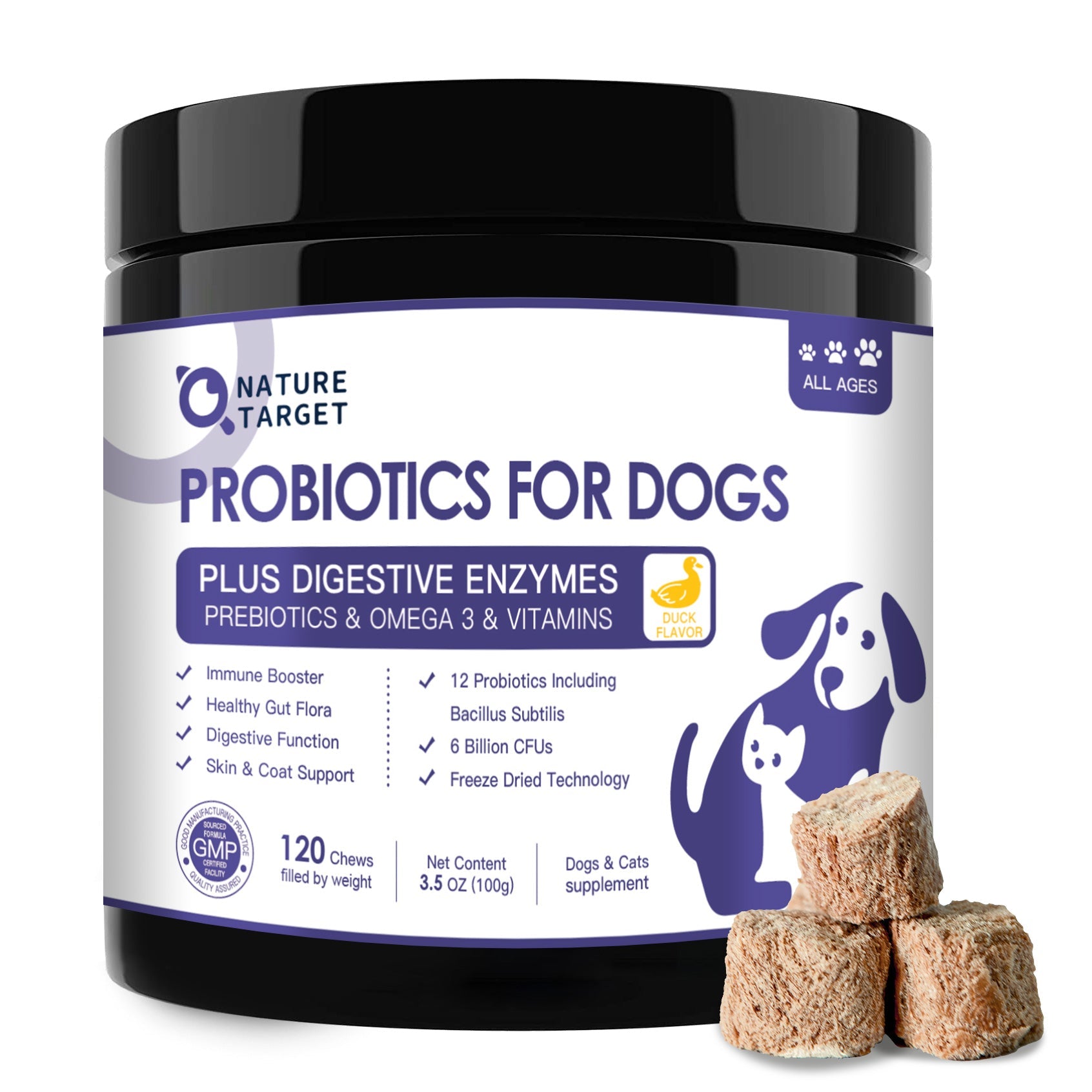 Dog & Cat Probiotic Chews 6B CFUs, 12 Strains, Omega-3 100mg, Duck Flavor, 120 Chews