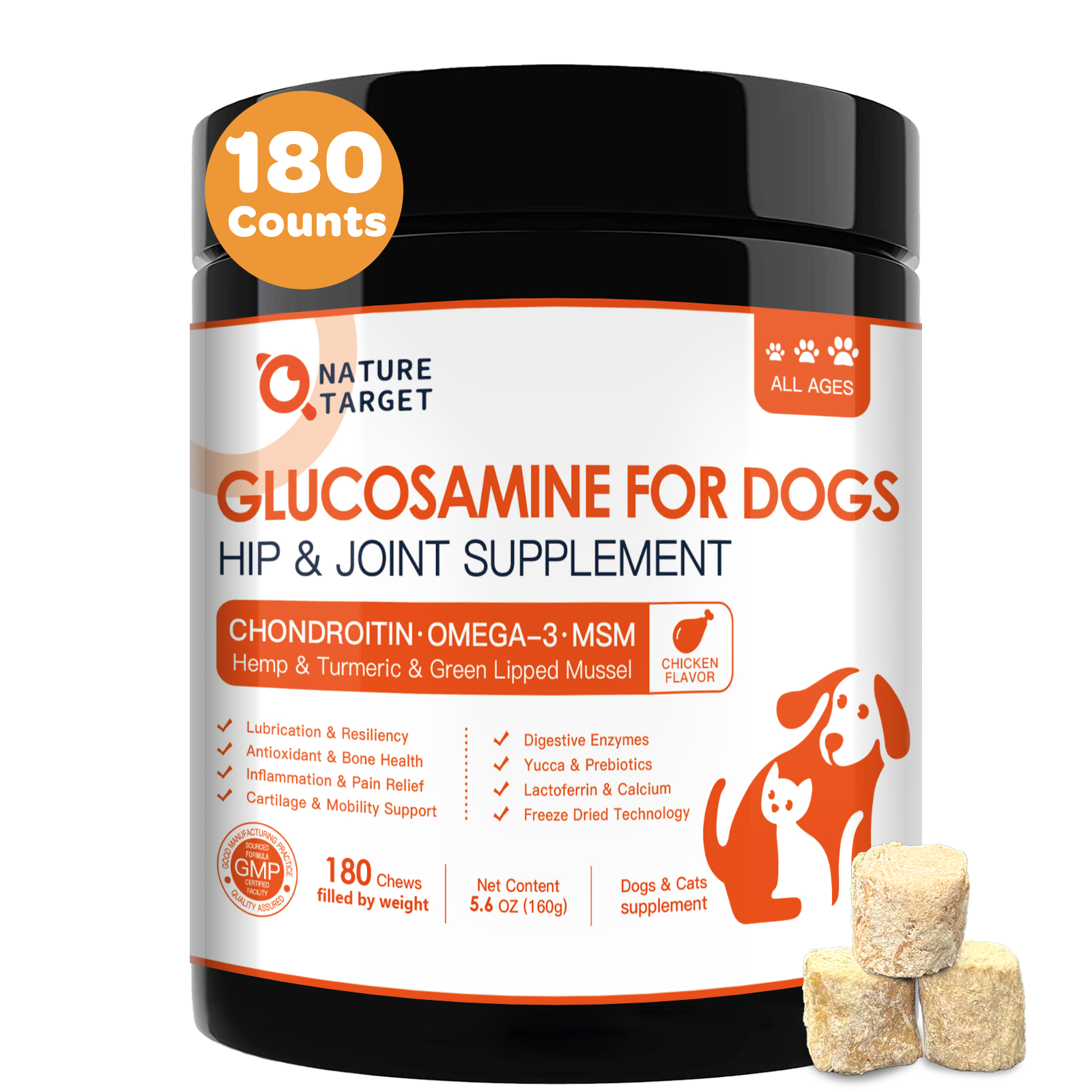 Dogs Glucosamine Chews with Chondroitin + MSM + Omega-3 for Joint Support, 180ct