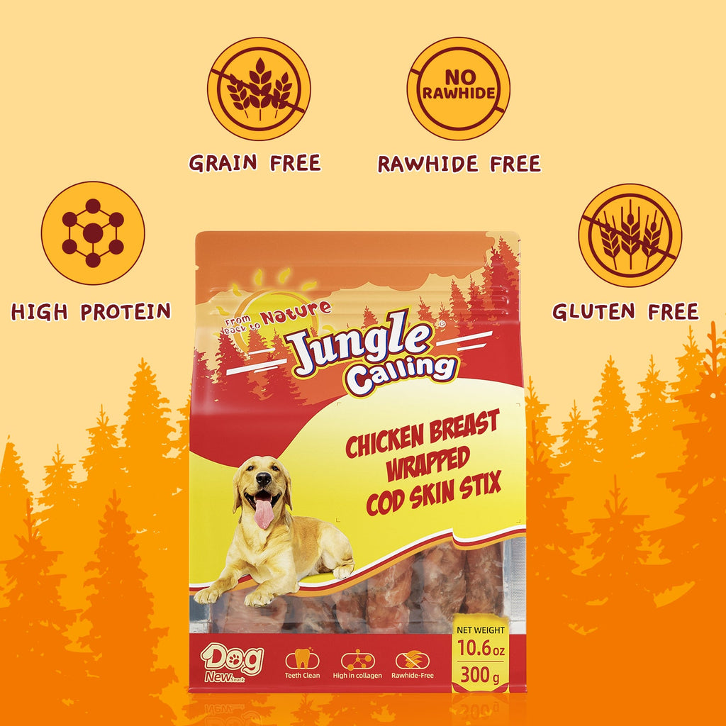 Dog Treats, High Protein Dog Chewy Treats Healthy Teeth and Coat, Chicken Wrapped Cod Skin Sticks, Rawhide Free Cod Fish Skin Treats for Dogs, 10.6 oz