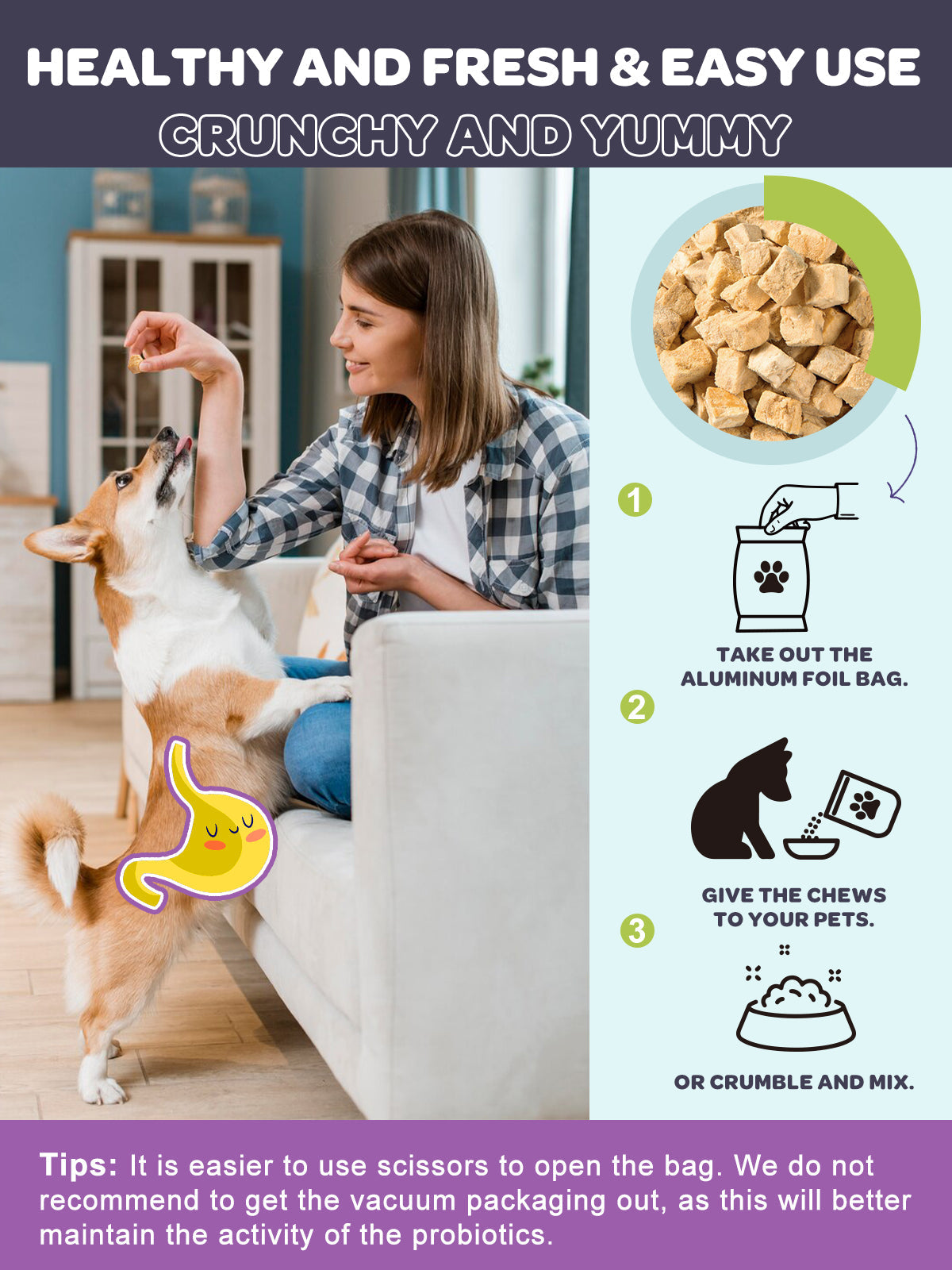 Dog & Cat Probiotics 6B CFUs 12 Strains with Prebiotic 300mg, Digestive Enzymes 200mg & Omega-3, Salmon Flavor, 120 Chews