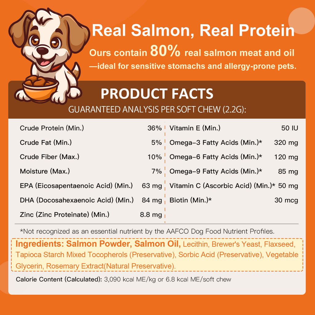Dog Omega-3 Fish Oil Chews 320mg, EPA 63mg & DHA 84mg, Salmon Flavor, 120 Soft Chews