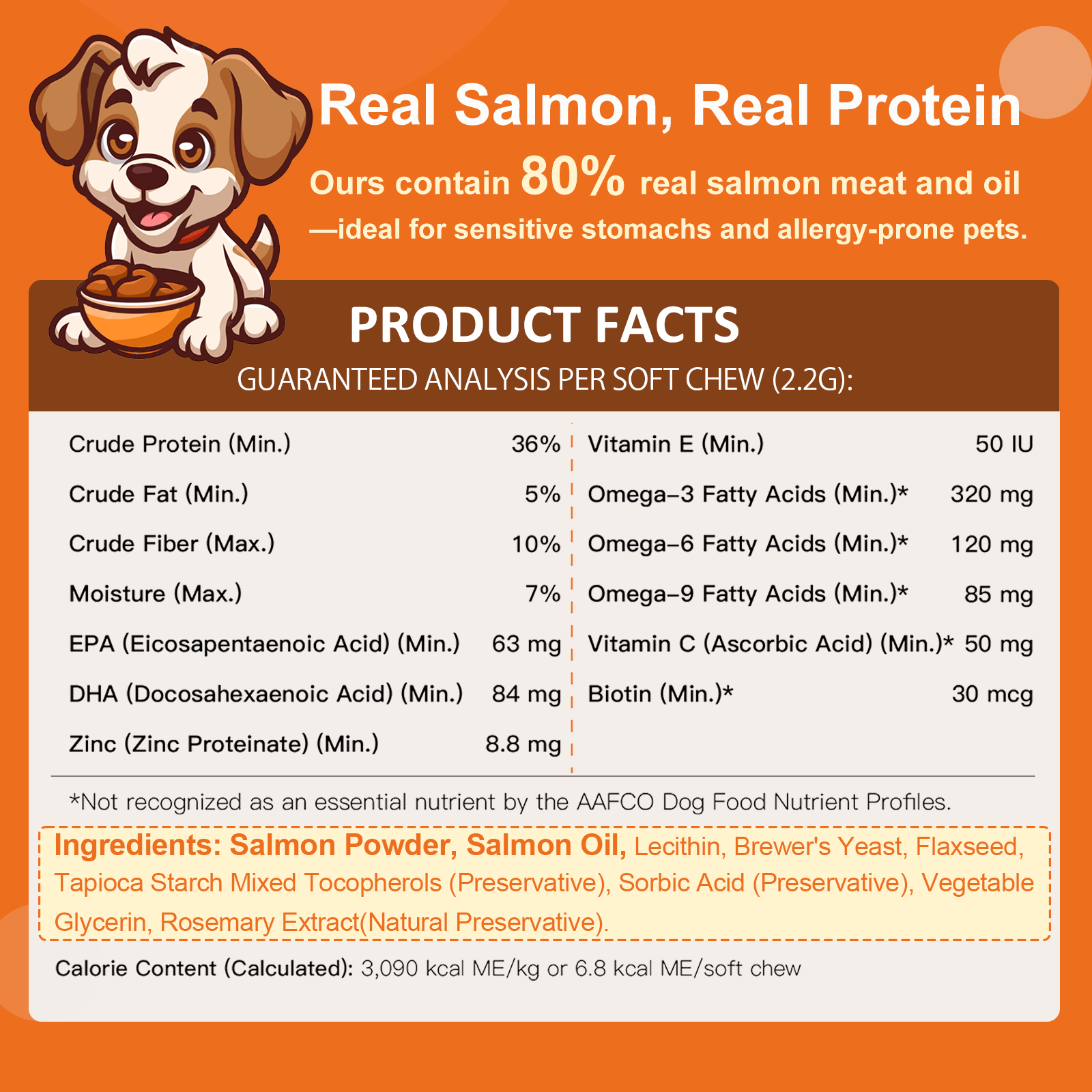 Dog Omega-3 Fish Oil Chews 320mg, EPA 63mg & DHA 84mg, Salmon Flavor, 120 Soft Chews