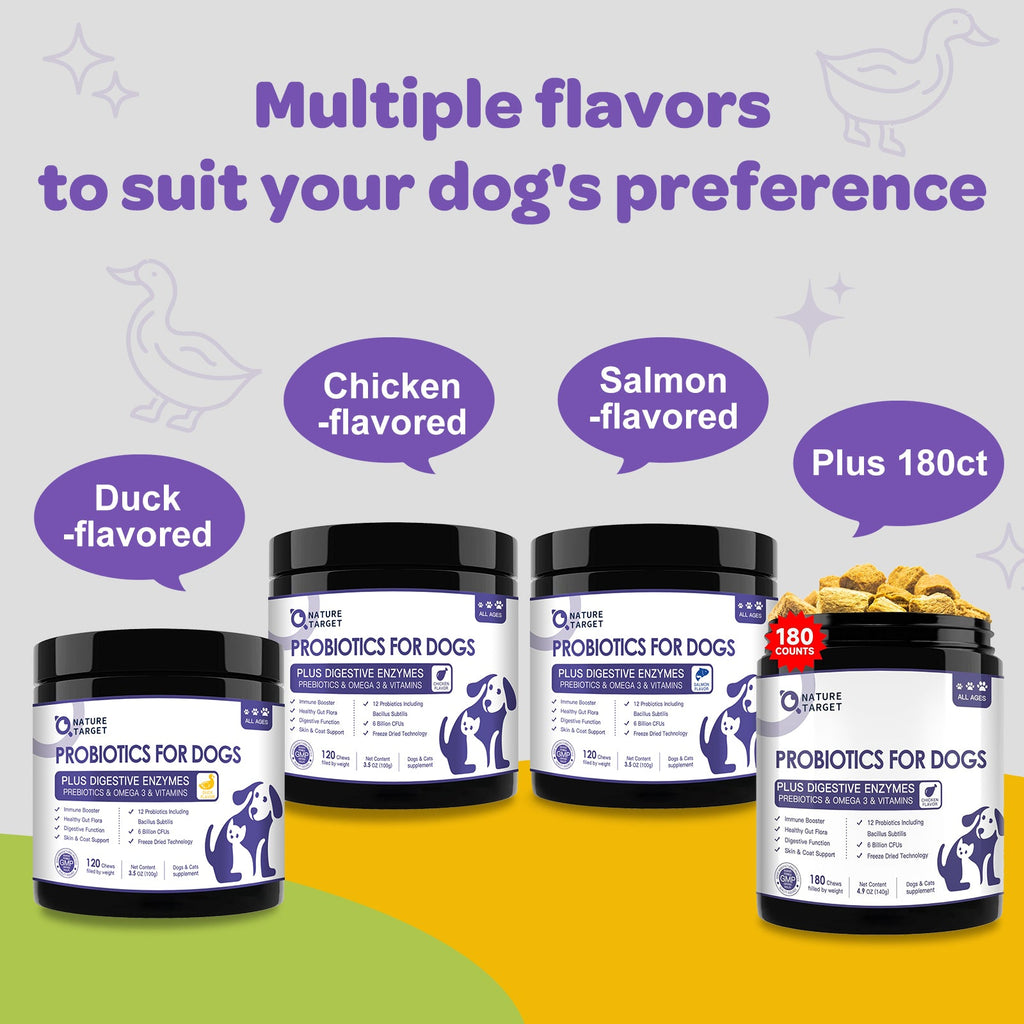 Dog & Cat Probiotic Chews 6B CFUs, 12 Strains, Omega-3 100mg, Duck Flavor, 120 Chews