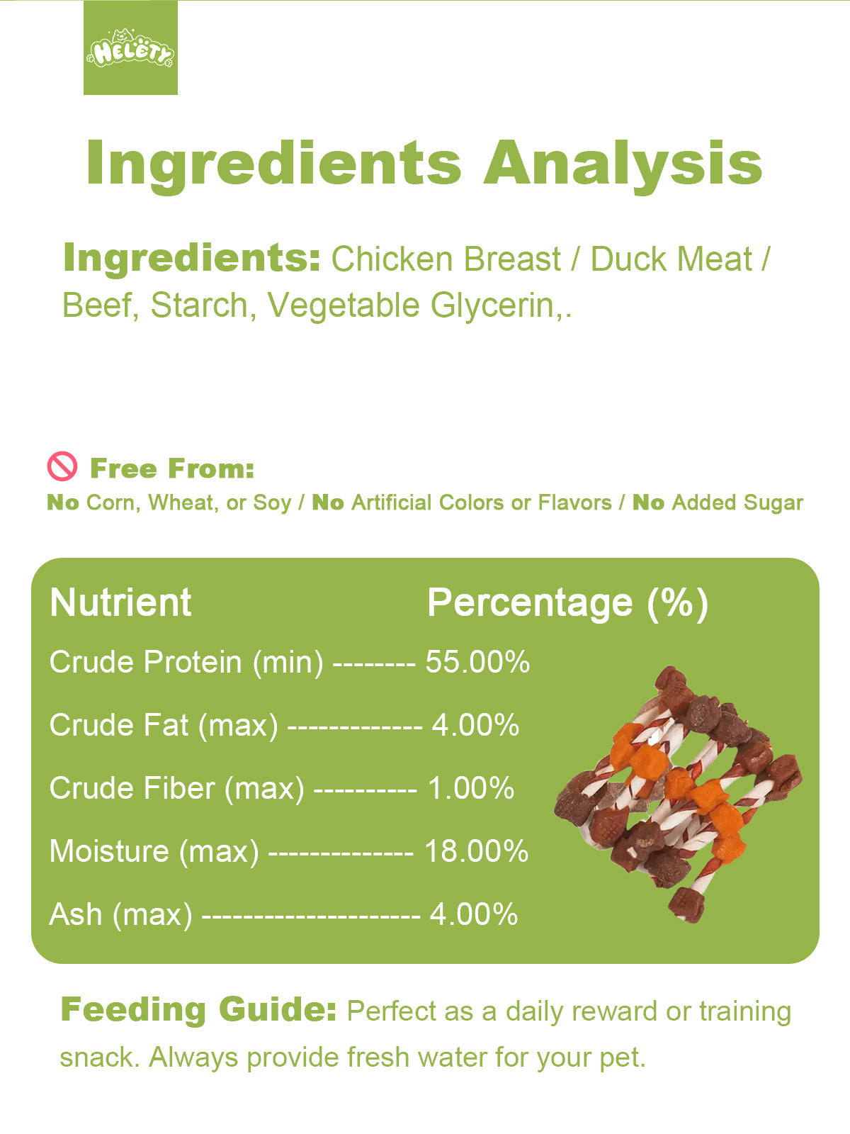 HELETY Dog Meat Treats, Three Flavor Meat Skewers, Chicken Beef Duck Flavor, Natural Chewy Rewards for Dogs
