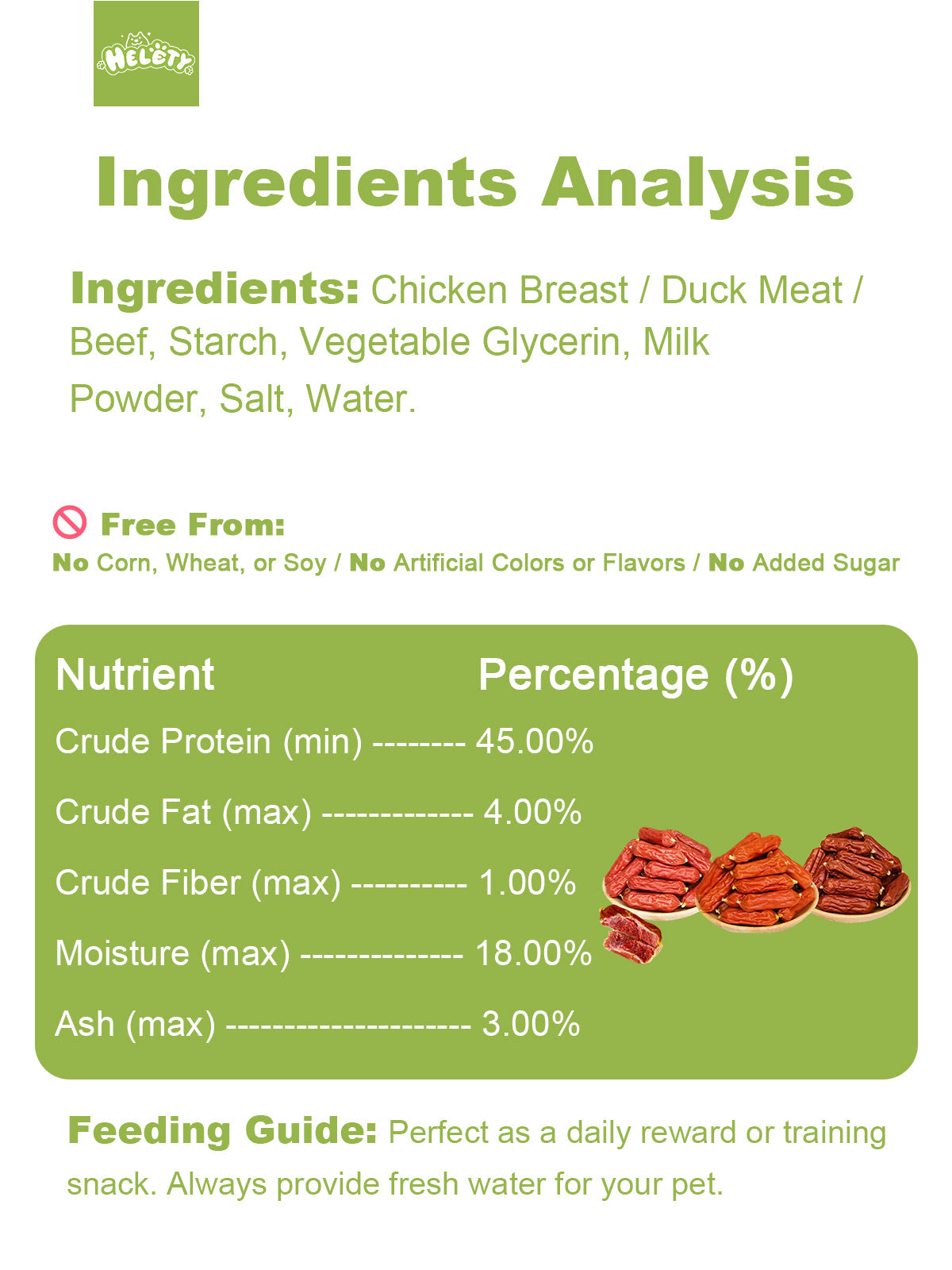 Helety Meat Sausage Dog Treats, Chicken Duck Beef 3 Flavors, Soft Chewy Snacks, Dog Training Treats
