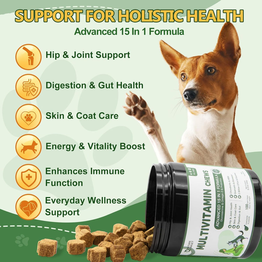 Dog & Cat Multivitamin 15-in-1, Glucosamine 450mg + MSM 120mg, Chicken Flavor, 100 Softgels