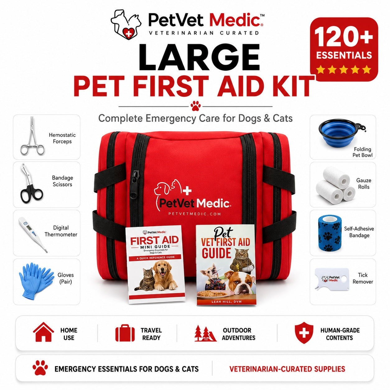PetVet Medic® Large Pet First Aid Kit – 120+ Piece Dog & Cat Emergency Kit with Veterinarian-Curated Supplies & First Aid Guide
