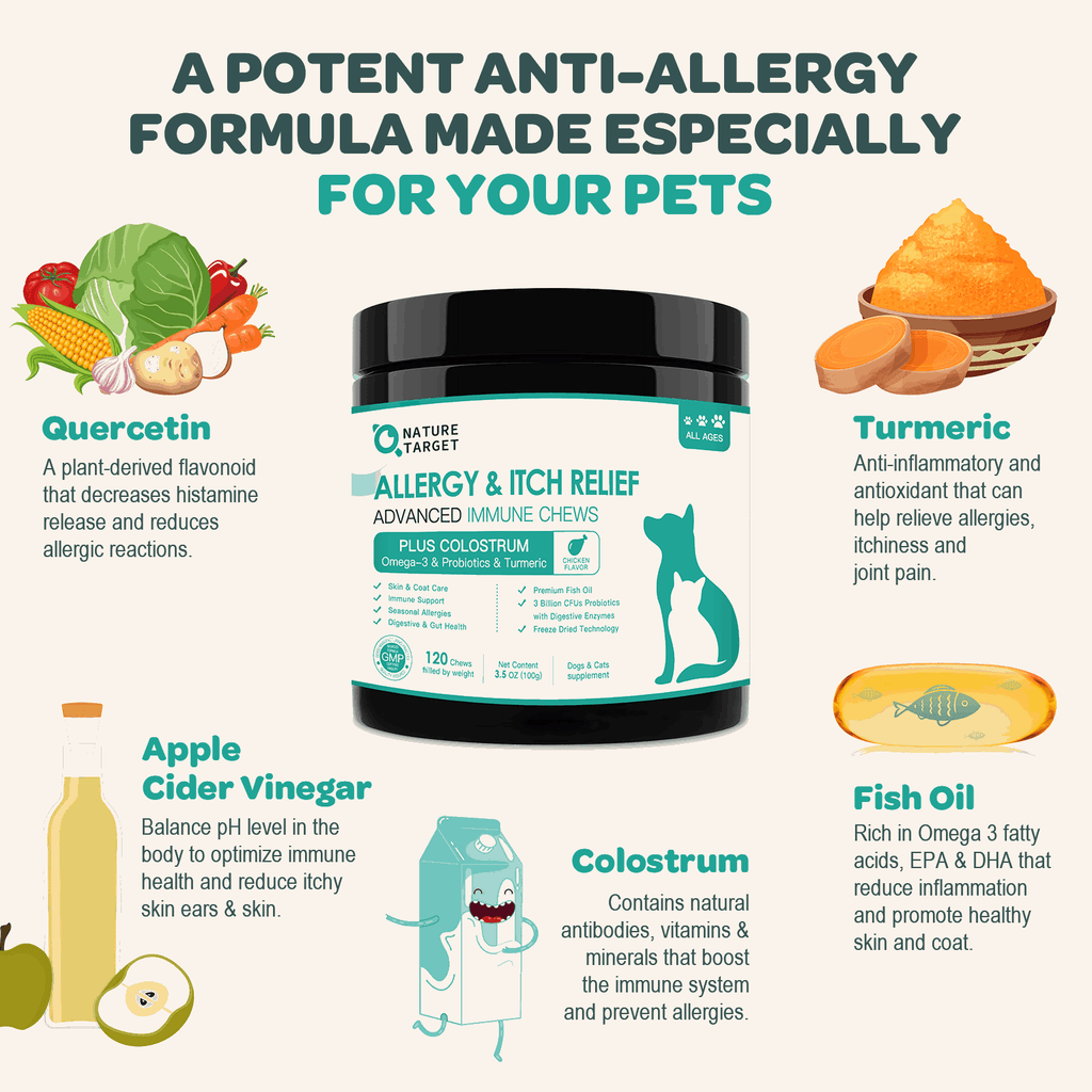 Dog & Cat Allergy & Itch Relief Chews, Colostrum + Probiotics 3B CFUs + Quercetin + Omega-3 + Turmeric + Apple Cider Vinegar, Chicken Flavor, 120 Chews
