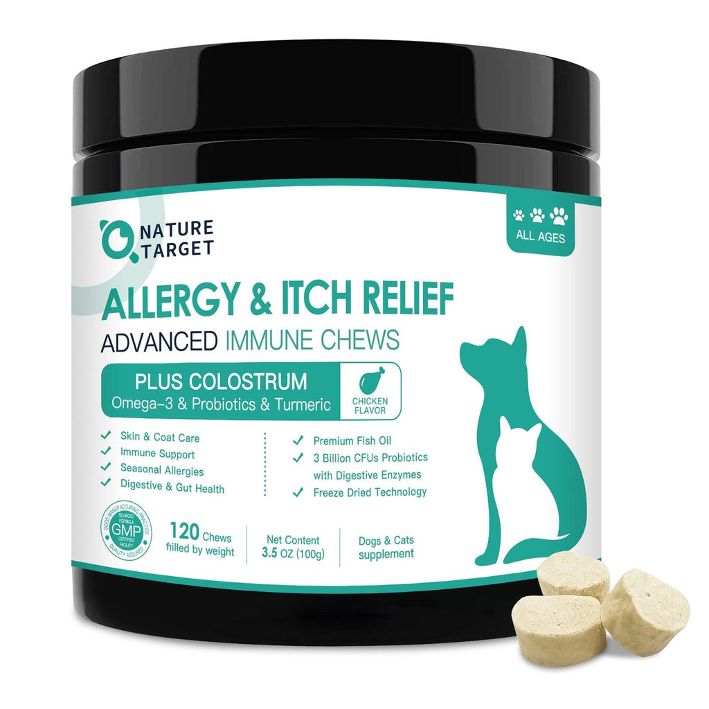 Dog & Cat Allergy & Itch Relief Chews, Colostrum + Probiotics 3B CFUs + Quercetin + Omega-3 + Turmeric + Apple Cider Vinegar, Chicken Flavor, 120 Chews