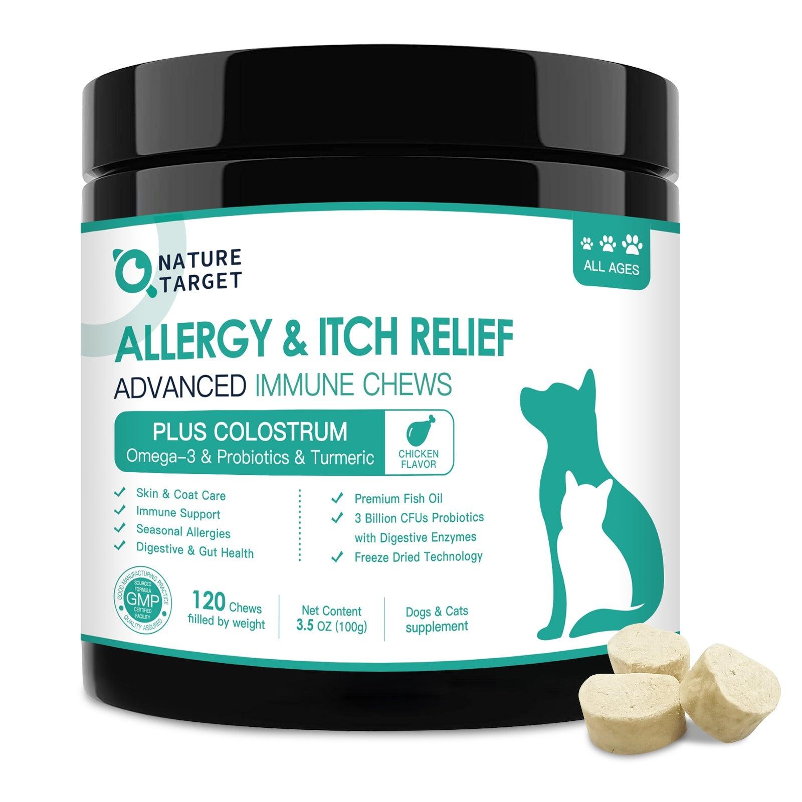 Dog & Cat Allergy & Itch Relief Chews, Colostrum + Probiotics 3B CFUs + Quercetin + Omega-3 + Turmeric + Apple Cider Vinegar, Chicken Flavor, 120 Chews