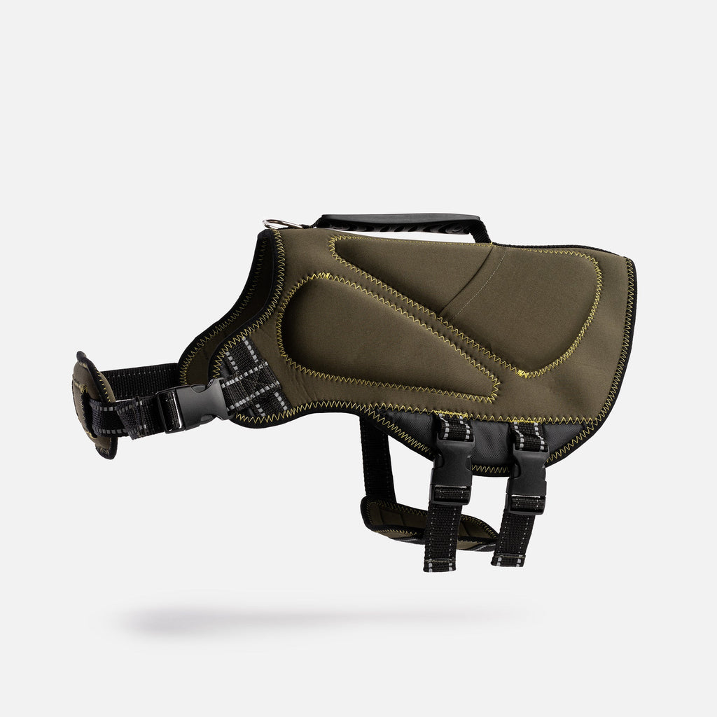 Khaki Neoprene Dog Life Jacket  Safe & Stylish Buoyancy Vest