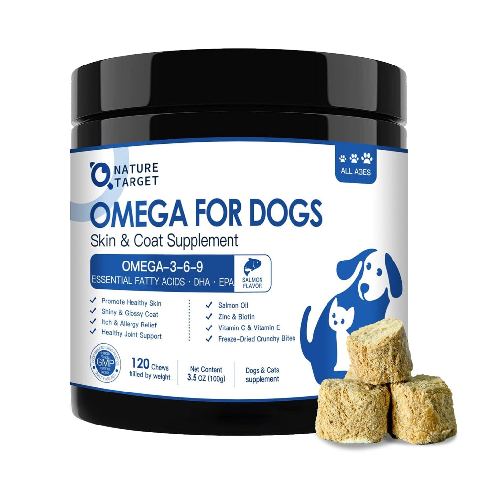 Omega-3 Fish Oil for Dogs & Cats, EPA 160mg + DHA 100mg, Omega-3-6-9 with Zinc & Biotin, Salmon Flavor, 120 Chews