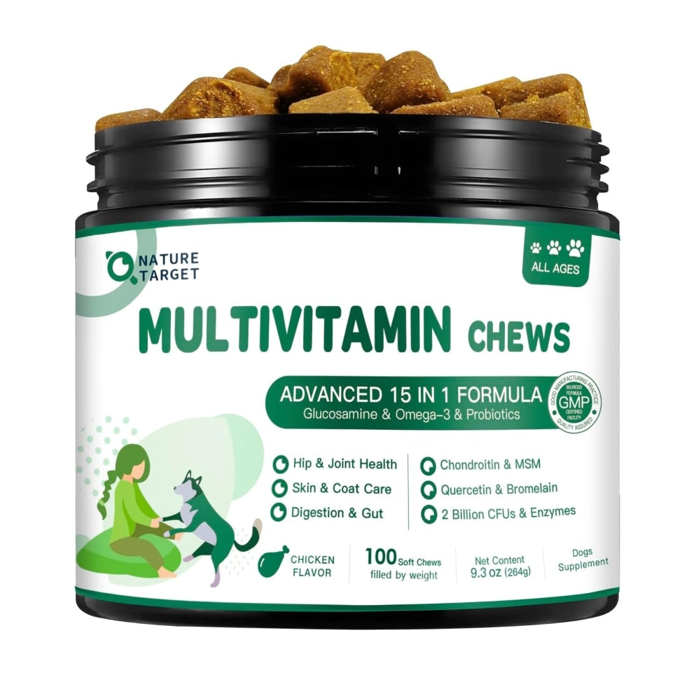 Dog & Cat Multivitamin 15-in-1, Glucosamine 450mg + MSM 120mg, Chicken Flavor, 100 Softgels